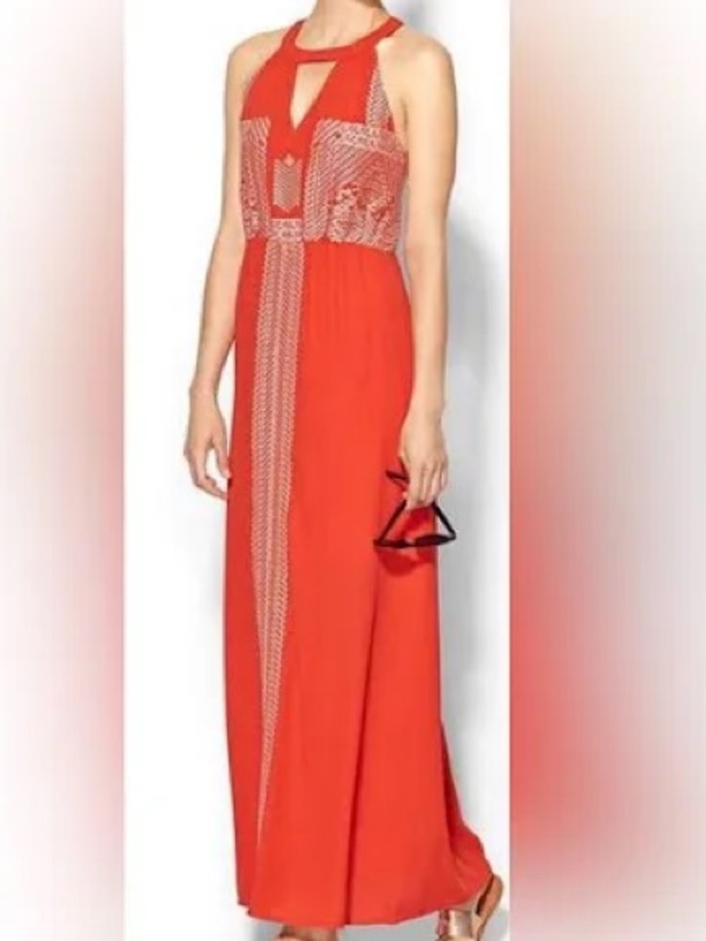 THML Anthropologie Orange Tribal Maxi Dress in Vibrant Orange. Large